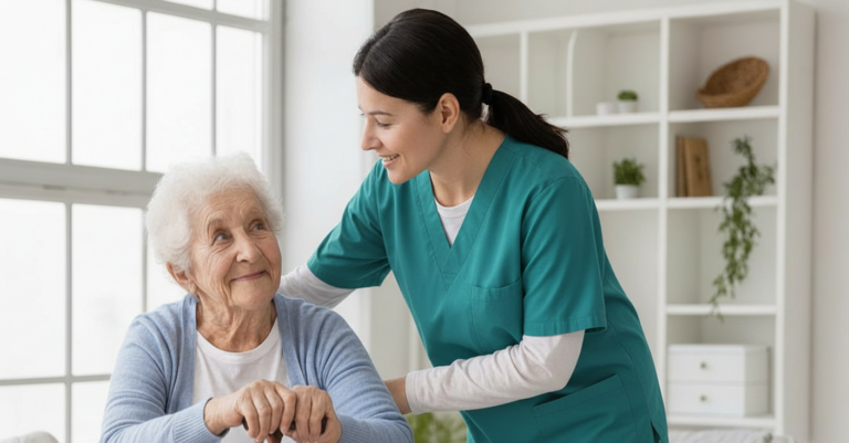 A licensed therapist works with an older adult on strength by working with them to lift weights.