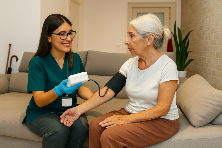 A home health aide in teal scrubs testing a patient’s blood pressure in a home setting.