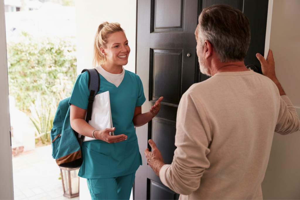 A nurse in teal scrubs is greeted by a patient at their home.