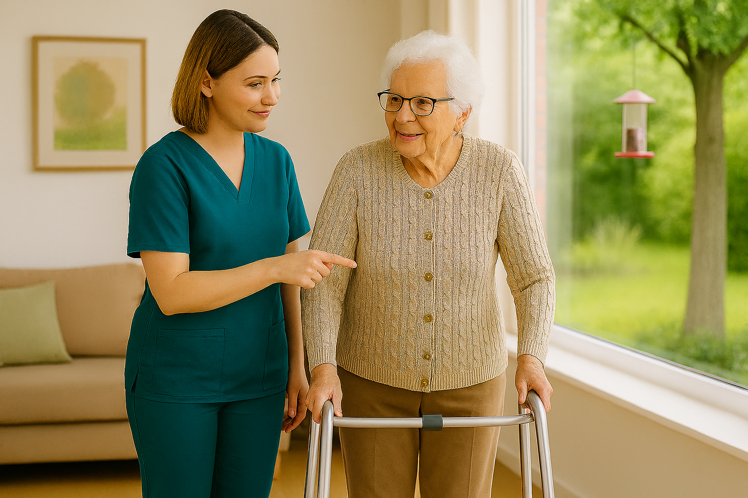 A Home Health Aide in teal scrubs walks alongside an older adult using a walker at home.