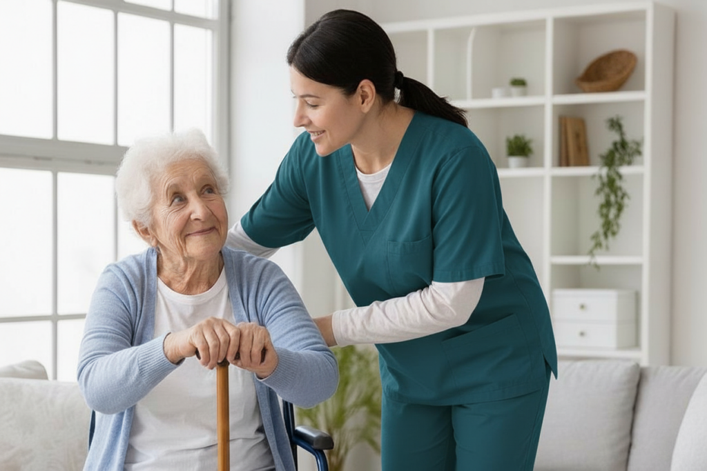 A home health aide in teal scrubs assists an older adult while both smile in a home setting.